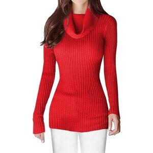 Women’s Cowl Neck Red Long Sleeve Bodycon Stretchable Knit Sexy Sweater